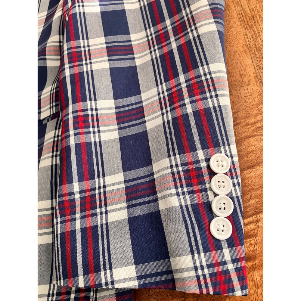 Alan Flusser Mens 44R Blazer Sport Coat Navy Blue Red White Plaid Cotton Blend - Picture 6 of 12